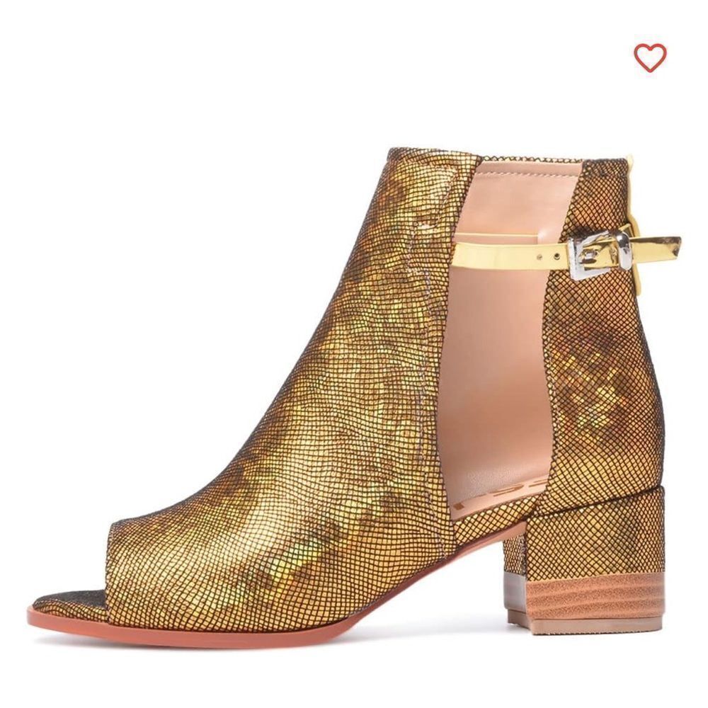 RJS Peep Open Toe Sandals Boot Cut Out Ankle Bootie Gold Sequins 10.5 EUC - Picture 2 of 10